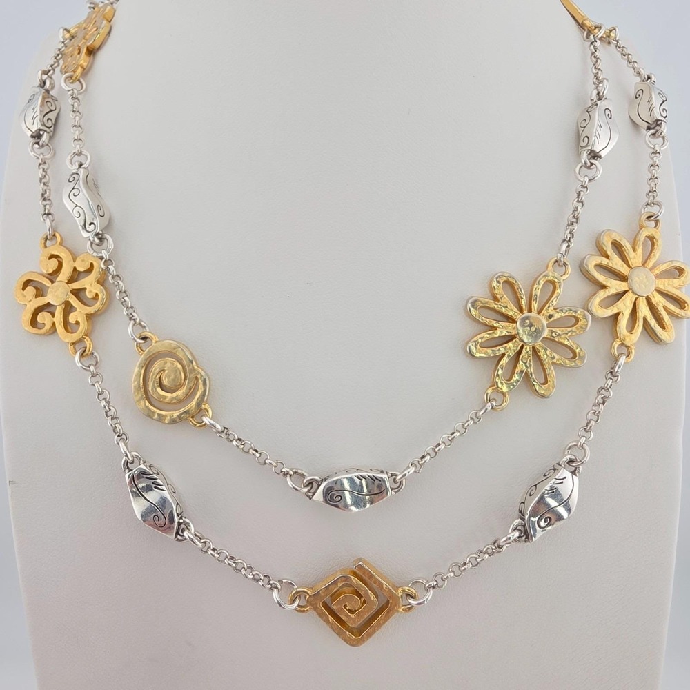 BRIGHTON 'Flower & Vertigo' Station Necklace Reversible Silver & Gold Plate 42"